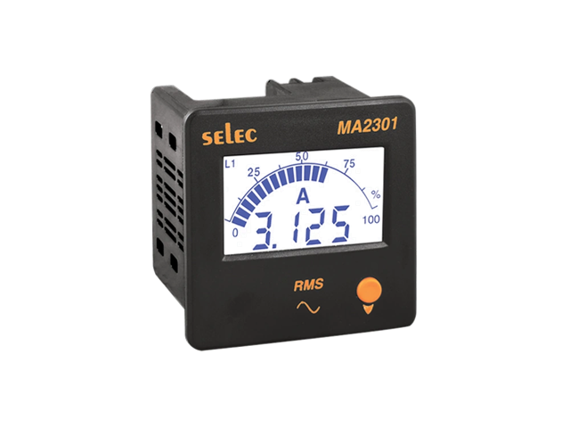 SELEC MA2301 — Amperímetro LCD, 3Ø, 72x72mm