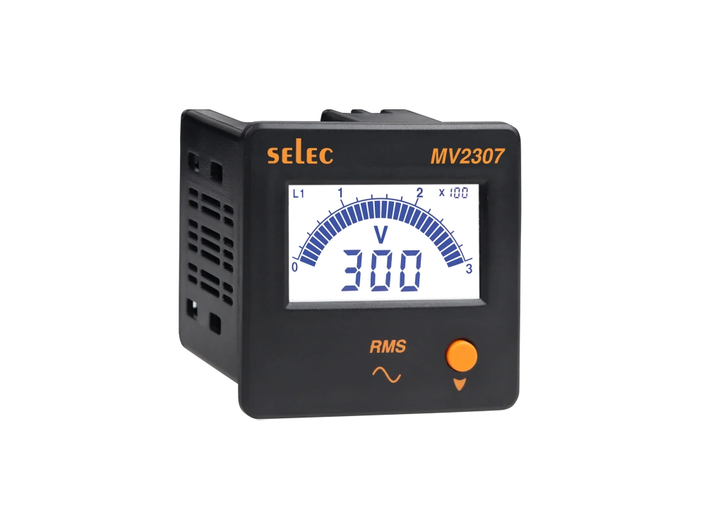 SELEC MV2307 — LCD voltmeter, 3Ø, 72x72mm