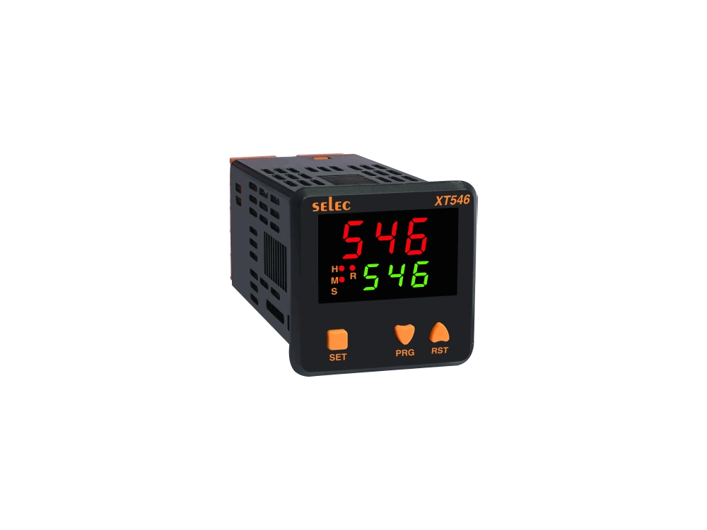 SELEC XT546BX — Doble pantalla, 9 rangos de tiempo, fondo reducido, 48x48mm